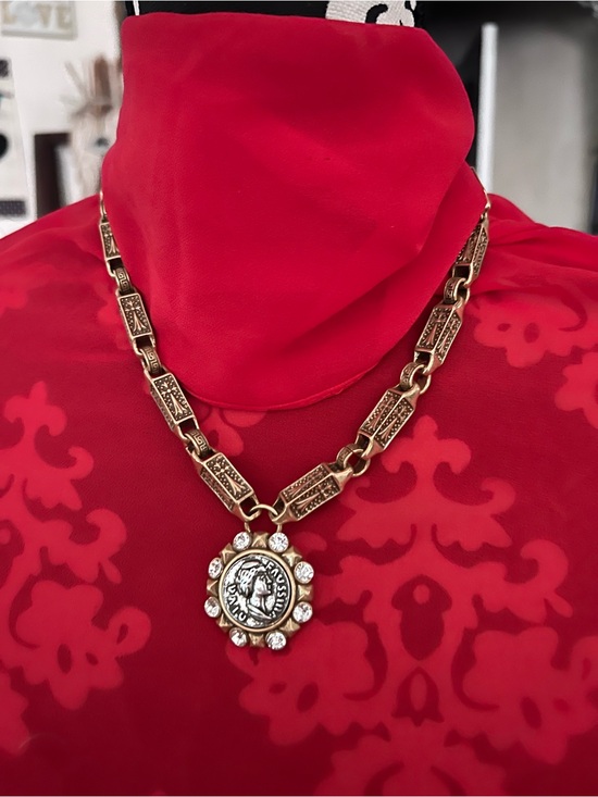 Jewelry - Gold-Tone Coin Pendant Necklace with Crystal Halo - Red